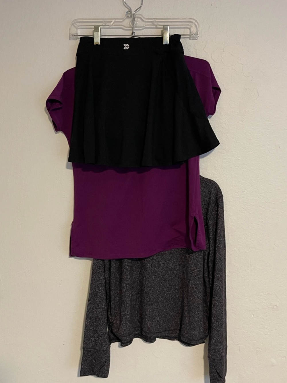 all in motion Black Skirt, Purple Shirt and Black/White Heather Shirt